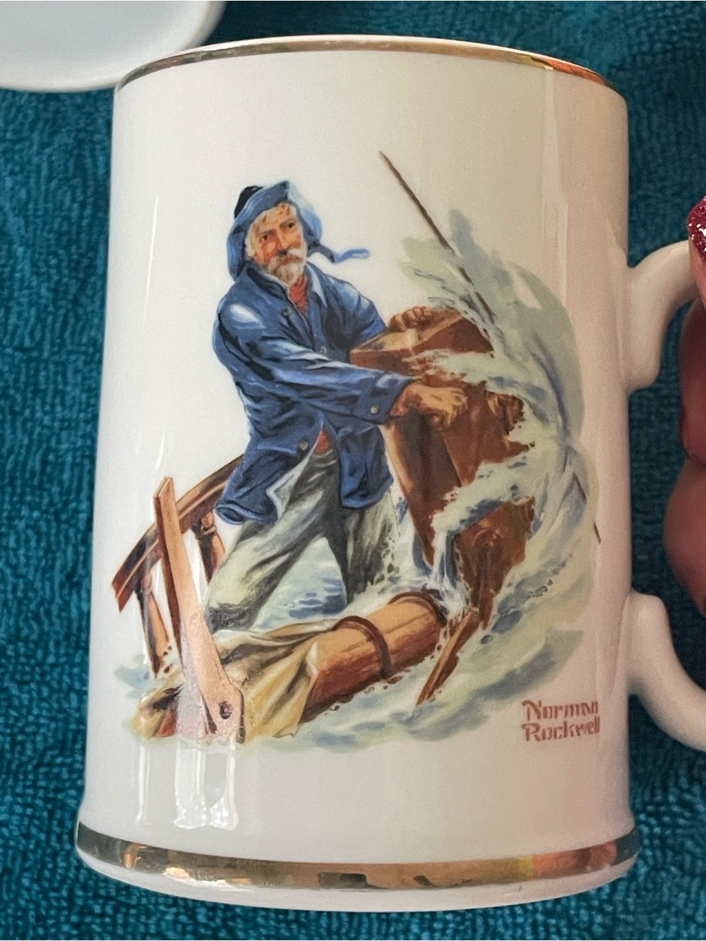 Norman Rockwell White Mug with Blue and Brown Nautical Scene and Gold Trim